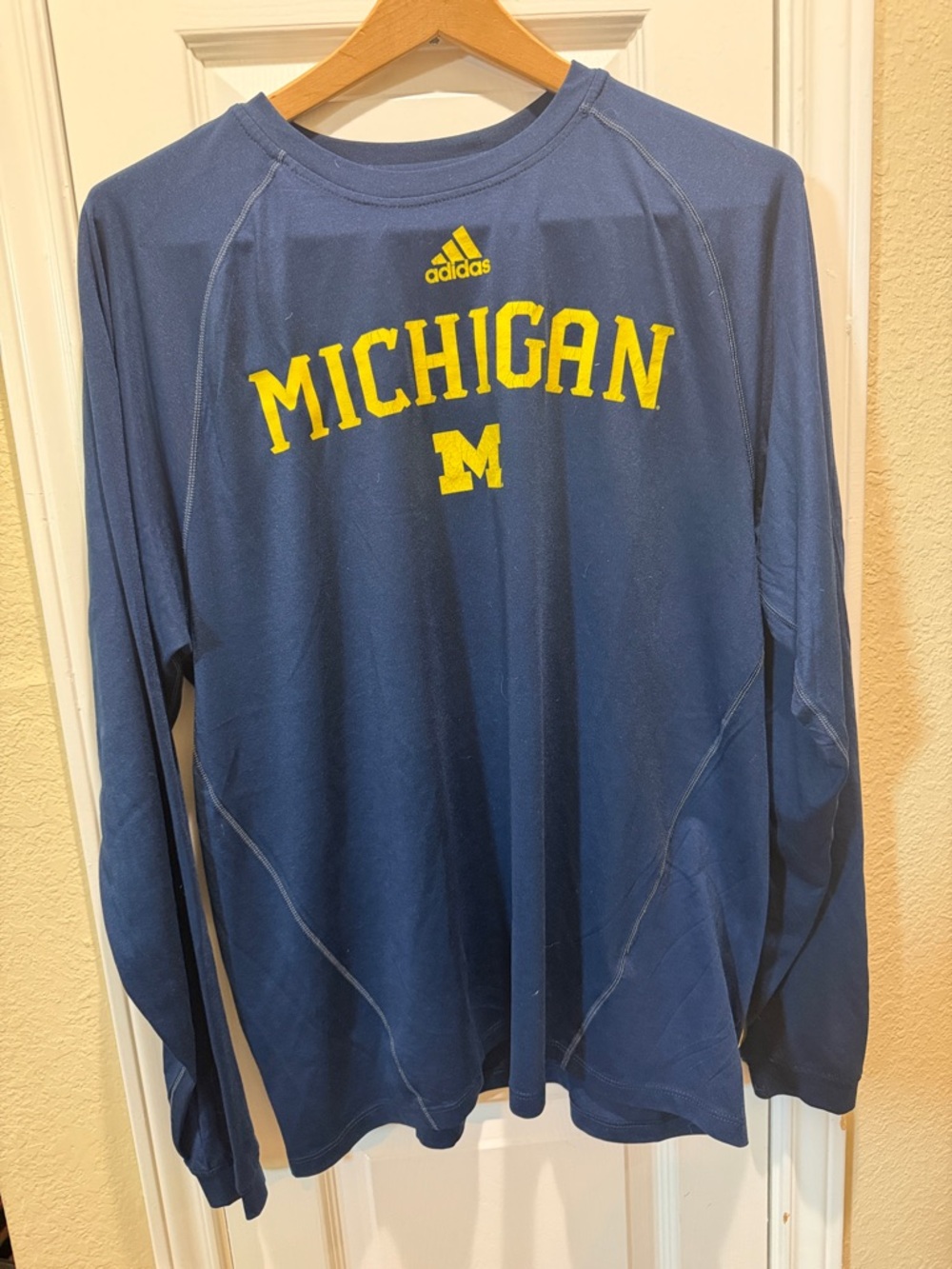 adidas Navy Long Sleeve Michigan Logo Tee with Yellow Graphics